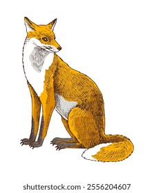 Wild fox sitting hand drawn vector illustration