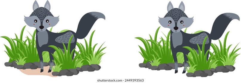 Wild fox and wolf standing on meadow.