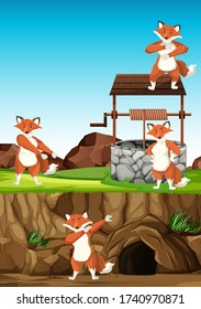 Wild foxes group in many poses in animal park cartoon style on day background illustration