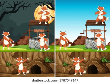 Wild foxes group in many poses in animal park cartoon style isolated on day and night background illustration