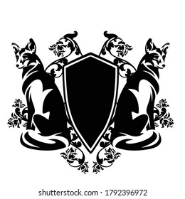 wild foxes sitting by heraldic shield among rose flower decor - antique style coat of arms black and white vector design