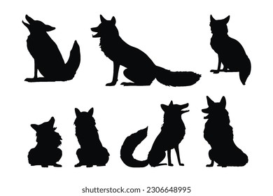 Wild foxes vector design on a white background. Foxes walking silhouette bundle design. Wild jackal sitting silhouette set vector. small predator standing in different positions silhouette collection.