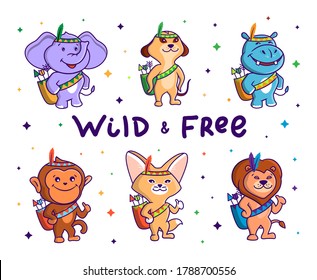 Wild and Free Animal set. Six African cartoon characters wearing national costumes and holding bags with arrows. Good for t-shirt design, kid prints etc. Vector illustration with lettering phrase