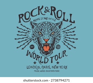 Wild and free artwork. Make some noise. Music world tour poster design. Rock and roll t shirt design. Leopard face design.