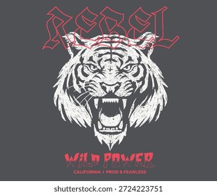 Obra de arte salvaje y libre. Diseño de camiseta de Rock y rollo. Diseño de cara de tigre. Arte animal del rock and roll para la moda y otros.