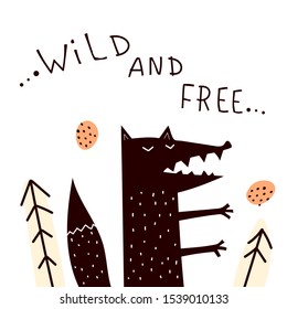 wild and free. cartoon flat wolf with tree, lettering, decor elements. vector illustration. hand drawing. Design for print, card, posters.