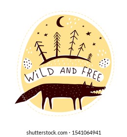 wild and free. cartoon flat wolf with tree, crescent, stars, lettering, decor elements on a stylized figure. vector illustration. hand drawing. Design for print, card, posters.