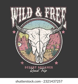Wild and Free desert cow skull western print design