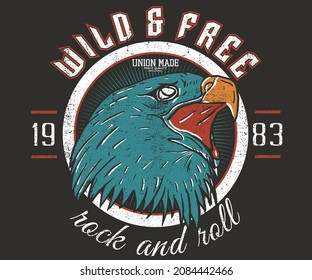 Wild and free eagle face vector t shirt design. Rock and roll artwork for apparel, sticker, batch, background, poster and others.