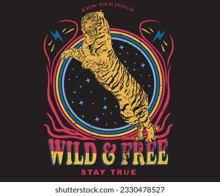 Wild and free graphic print design. Stay wild. Tiger vintage t-shirt print artwork.