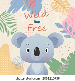 Wild and free Illustration of little cute koala with leaves and flowers Spring and summer on yellow Background