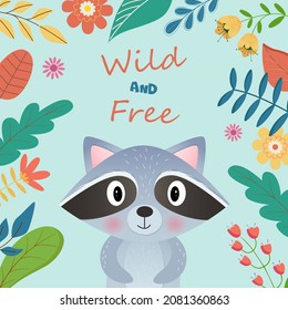 Wild and free Illustration of little cute raccoon with leaves and flowers Spring and summer on blue Background