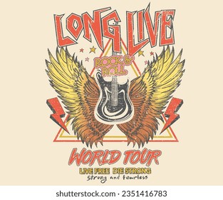 Wild and free. Long live. Wing with guitar art. Rock on fire poster. Eagle artwork. Rock and roll vector graphic print design for apparel, stickers, posters, background and others. 