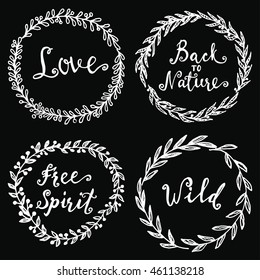 Wild and free, Love, Back to nature, Free spirit t-shirt or tattoo templates. Hand drawn brush lettering set. Trendy hipster hand written quotes isolated. Motivational words.