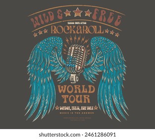 Wild and free.  Microphone vector. Eagle wing vector t-shirt design. Freedom music tour. Free spirit vintage artwork. America eagle rock and roll poster design. Music festival artwork.