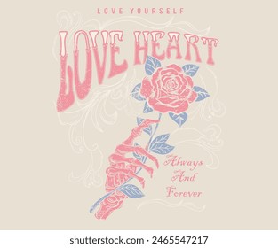 Wild and free. Music slogan logo design. Rock music poster design. Love you more. Always and forever. Hand with rose. Rock and roll vector t-shirt design.  