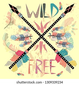 Wild and Free print with ethnic arrows. Boho style, home decor, poster, card and web banner, blog, advertisement.