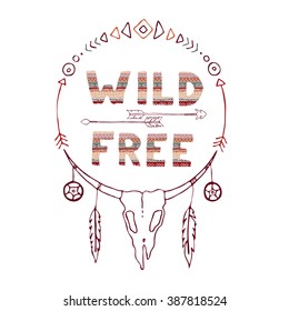 Wild and free skull decorative hand drawn boho illustration.