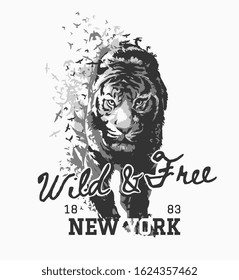 wild and free slogan with tiger walking in bird silhouette illustration