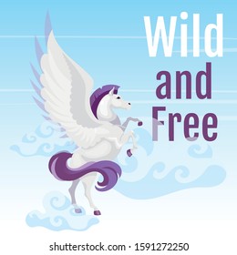 Wild And Free Social Media Post Mockup. Greek Mythological Creature. Pegasus Fly In Sky. Horse With Wings. Web Banner Design Template. Social Media Booster, Content Layout. Poster Flat Illustrations