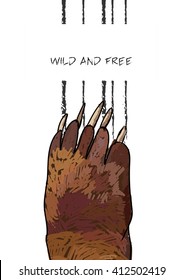 Wild And Free Text Isolated On White Background. Bear Scratch Claw Marks. Brown Bear Paw Hand Drawn. Vector Illustration.