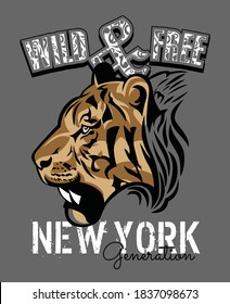 Wild & Free with Tiger face in vector illustration.Clothing,t-shirt,apparel and other uses.Abstract design with the grunge and denim style.Eps10