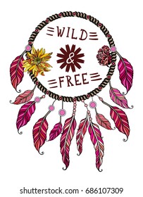 Wild and free,  tribal amulet. American Indians traditional symbol. Bohemian design element. Vector Dream catcher.