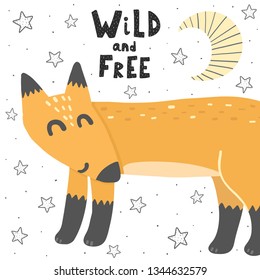 Wild and Free vector illustration with a fox. Hand drawn  cute print for cards, t-shirts, posters