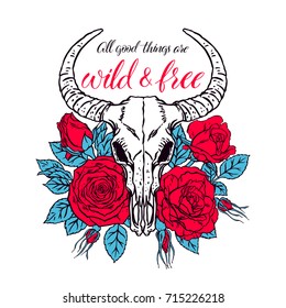 Wild and free. Vintage animal skull with horns and red roses. Hand-drawn illustration