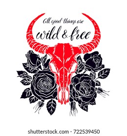 Wild and free. Vintage animal skull with horns and pink roses. Hand-drawn illustration