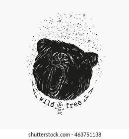 Wild and free. Vintage Hand drawn elements. Bear head in the grunge California style.