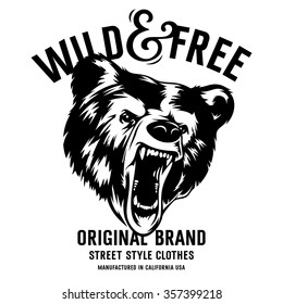 Wild And Free Vintage Typography With A  Head Of A Grizzly Bear, T-shirt Print Graphics