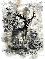 Wild And Free Words, Deer VECTOR Tshirt Design For Winter Season Using Silver Foil And Rhinestud