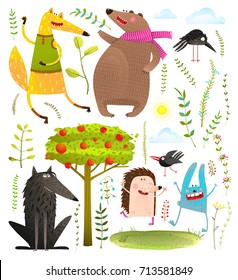 Wild Funny Forest Objects and Animals Set. Colorful watercolor style animals collection. Vector illustration.