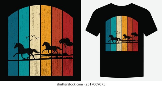 Selvagem Galopante Cavalo Retro Vintage T Shirt Design Ilustração de vetor de fundo moda T camiseta design