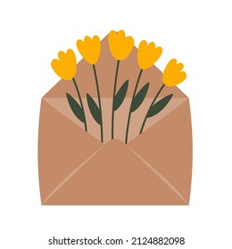 Wild garden blooming flowers in envelope. Illustration for floristic cards, gift tags, shops, 8 of March and Easter decor, wedding gifts and invitation.