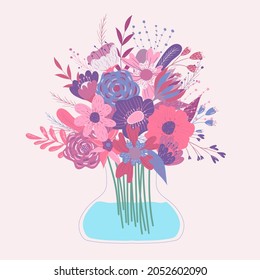 Wild and garden blooming flowers in vases. Bundle of bouquet. Decorative floral design elements. Flat cartoon vector illustration.