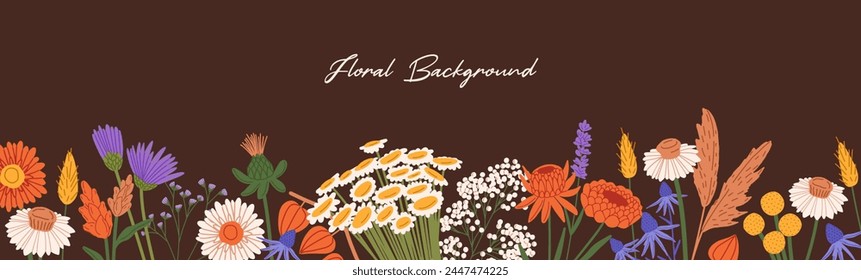 Wild and garden flowers. Frame of dry blossom plants. Place for text with border of wildflowers, meadow herbs. Horizontal banner with floral background, botanical decoration. Flat vector illustration