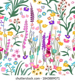 Wild garden with lupine and daisies. Seamless vector pattern in repeat.Retro textile collection. Template for dresses, scarves.