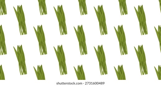 Wild garlic ramsons seamless pattern. Repeating cartoon flat pattern with fresh ramsons leaf bunches, suitable for food packaging, kitchen decor, textile, and organic lifestyle concepts.