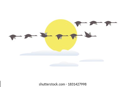 Wild geese flying at sunset minimalist vector icon. Goose flight at sunset simple cartoon design element. Wildlife autumn season mingration background. Birdwatching poster template illustration