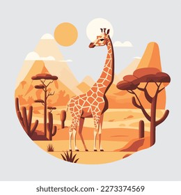 Wild giraffe in savannah. African animal in natural habitat. Flat vector illustration concept