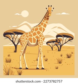 Wild giraffe in savannah. African animal in natural habitat. Flat vector illustration concept