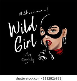 wild girl slogan with girl in black costume illustration wild girl slogan with girl in black costume illustration