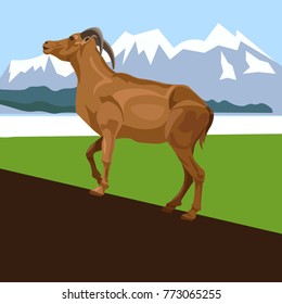 Wild goat in the background of a mountain landscape. Vector illustration