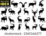 Wild Goat Ibex Vector Art, A stunning collection of black silhouettes of wild goats or ibexes in various dynamic poses, perfect for logos, emblems, and graphic designs. High-quality vector art