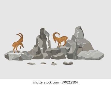 Wild Goats Jumping On Rocks Vector Illustration