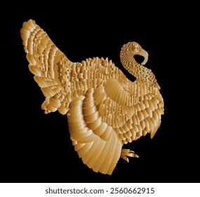 Wild gold turkey vector silhouette illustration isolated on black background. Meleagris gallopavo. Male golden turkey bird symbol. luxury bird decor.