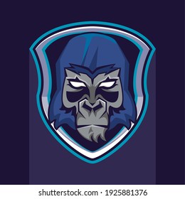 wild gorilla animal head blue and gray colors in shield vector illustration design