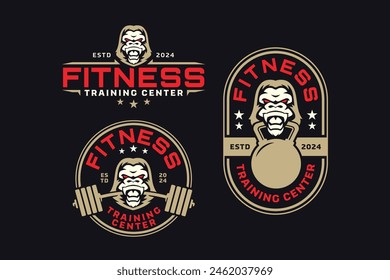 gorila salvaje con diseño de logotipo de barbell y kettlebell para fitness, gimnasio, culturismo, levantamiento de pesas